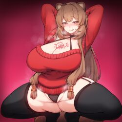 Rule 34 | 1girl, animal ears, arms behind head, arms up, black panties, black thighhighs, breasts, brown eyes, brown hair, chest tattoo, cleavage, closed mouth, commission, garter belt, heart, heart-shaped pupils, highres, huge breasts, licking lips, looking at viewer, panties, pixiv commission, raccoon ears, raccoon girl, raccoon tail, raphtalia, red sweater, rikuguma, simple background, smile, solo, spread legs, squatting, sweater, symbol-shaped pupils, tail, tate no yuusha no nariagari, tattoo, thick thighs, thighhighs, thighs, tongue, tongue out, underwear