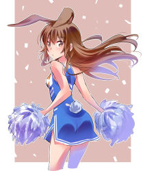 Rule 34 | 1girl, animal ears, ass, bare arms, bare shoulders, blue dress, blush, breasts, brown background, brown eyes, brown hair, cheerleader, closed mouth, clothes writing, cropped legs, dress, highres, holding, iesupa, leaning forward, looking at viewer, pom pom (cheerleading), pouty lips, rabbit ears, rabbit girl, rabbit tail, rwby, side slit, sleeveless, sleeveless dress, small breasts, solo, tail, thighs, velvet scarlatina