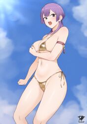 Rule 34 | 1girl, alternate costume, arm strap, arm under breasts, artist logo, bernadetta von varley, bikini, blue sky, breasts, choker, cleavage, clenched hand, cloud, commentary, day, fire emblem, fire emblem: three houses, gold bikini, gold choker, grey eyes, groin, highres, kaos art, large breasts, navel, nintendo, open mouth, outdoors, purple hair, raised eyebrows, side-tie bikini bottom, sky, solo, stomach, swimsuit, tassel, thighs