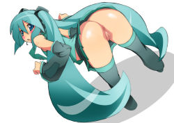 Rule 34 | 1girl, anus, aqua hair, ass, bent over, cleft of venus, hatsune miku, long hair, looking back, no panties, pussy, skirt, solo, thighhighs, toudori, twintails, uncensored, very long hair, vocaloid