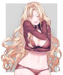 Rule 34 | 1girl, areola slip, blonde hair, breasts, cameltoe, cleavage, cleavage cutout, clothing cutout, closed eyes, granblue fantasy, groin, hair down, hair intakes, happy, koza game, large breasts, long hair, navel, nipples, open mouth, panties, see-through, self hug, simple background, solo, torn clothes, torn panties, underboob, underwear, wavy mouth, zeta (granblue fantasy)