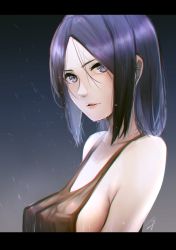 Rule 34 | 1girl, bare shoulders, breasts, cleavage, collarbone, covered erect nipples, from side, grey eyes, hayabusa, highres, letterboxed, looking at viewer, no bra, open mouth, original, parted lips, purple hair, rain, short hair, signature, solo, standing, tank top, wet, wet clothes, wet hair