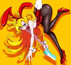 Rule 34 | 1girl, absurdres, bent over, blonde hair, blue eyes, blush, bow, bowtie, breasts, bright pupils, brown pantyhose, fishnet pantyhose, fishnets, gun, hair between eyes, hairband, handgun, high heels, highres, kekel, leotard, long hair, panty &amp; stocking with garterbelt, panty (psg), pantyhose, parted lips, pistol, playboy bunny, rabbit ears, rabbit tail, sideboob, simple background, solo, weapon, white pupils, wrist cuffs, yellow background