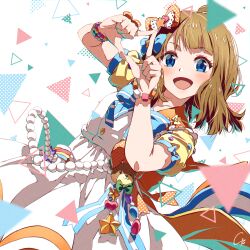 Rule 34 | 1girl, 4b-enpitsu, ahoge, bead bracelet, beads, blue bow, blue bowtie, blue eyes, blush, bow, bowtie, bracelet, brown hair, chromatic aberration, collarbone, commentary request, commission, confetti, cowboy shot, dress, film grain, highres, idol, idol clothes, idolmaster, idolmaster million live!, jewelry, looking at viewer, medium hair, open mouth, own hands together, pixiv commission, short sleeves, signature, solo, suou momoko, white background, white dress
