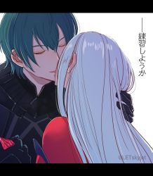 Rule 34 | 1boy, 1girl, alternate hairstyle, byleth (fire emblem), byleth (male) (fire emblem), closed eyes, couple, edelgard von hresvelg, fire emblem, fire emblem: three houses, from behind, gloves, green hair, hetero, highres, holding, holding hands, kiss, let (skyjet), long hair, long sleeves, nintendo, short hair, simple background, upper body, white hair