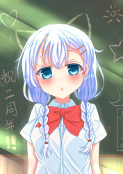 Rule 34 | 1girl, :o, animal ears, blue eyes, blush, bow, bowtie, braid, chalkboard, commentary request, fake animal ears, girlfriend (kari), hair ornament, hairclip, heart, looking at viewer, low twintails, murakami fumio, open mouth, osakilo, parted lips, red bow, red bowtie, solo, sunlight, translation request, twin braids, twintails, upper body, white hair