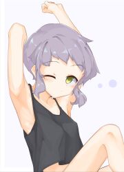 Rule 34 | 1girl, armpits, arms up, black shirt, blush, clenched hand, closed mouth, flat chest, highres, idolmaster, idolmaster million live!, legs, looking at viewer, makabe mizuki, one eye closed, purple hair, shirt, short hair, sidelocks, solo, stretching, sunfromwest, tank top, thighs, upper body, white background, yellow eyes