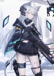 Rule 34 | 1girl, artist name, assault rifle, black gloves, black socks, black shirt, black skirt, blue eyes, closed mouth, commentary request, drone, gloves, gun, heterochromia, highres, holding, holding gun, holding weapon, kneehighs, long sleeves, looking at viewer, m4 carbine, mask, mouth mask, nekoya (liu), original, pleated skirt, revision, rifle, shirt, signature, skirt, socks, solo, standing, twitter username, weapon, weapon request, yellow eyes