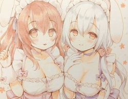 Rule 34 | 2girls, animal ears, blue ribbon, blush, bow, breasts, brown eyes, brown hair, choker, cleavage, closed mouth, collarbone, commentary request, gloves, grey hair, hair between eyes, hair bow, hair ribbon, hand up, highres, large breasts, looking at viewer, maid headdress, multiple girls, original, pink bow, pink choker, puffy short sleeves, puffy sleeves, purple bow, purple choker, rabbit ears, red bow, ribbon, sakura (usashiro mani), short sleeves, smile, traditional media, upper body, usashiro mani, white gloves, wrist cuffs