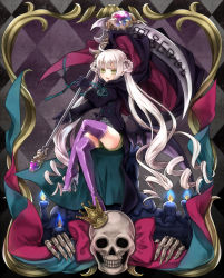 Rule 34 | 1girl, blonde hair, candle, cape, gloves, long hair, long sleeves, open mouth, original, scythe, sitting, skull, solo, thighhighs, tsuto, twintails, very long hair, weapon