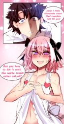 Rule 34 | 2boys, :d, @ @, absurdres, apron, apron lift, astolfo (fate), bare arms, bare shoulders, black bow, black hair, blue eyes, blush, bow, chaldea uniform, clothes lift, collarbone, comic, drooling, english text, fang, fate/grand order, fate (series), from above, fujimaru ritsuka (male), hair between eyes, hair bow, heart, highres, hinghoi, josou seme, lifted by self, looking up, male focus, multicolored hair, multiple boys, navel, open mouth, pink hair, purple eyes, shadow, smile, speech bubble, streaked hair, sweat, trap, upper body, valentine, white apron, white hair, wide-eyed, yaoi