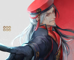 Rule 34 | 1boy, black gloves, facial hair, gloves, goatee, long hair, looking at viewer, male focus, mustache, pointing, pointing at viewer, red headwear, sanada masayuki, sengoku musou, grey eyes, silver hair, solo, tassel, two-tone background, upper body, yoshicha