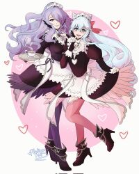 1boy 1girl alternate_costume apron artist_name camilla_(fire_emblem) clothes_lift cone_hair_bun cosplay cup dress dress_lift drill_hair feather_trim felicia_(fire_emblem) felicia_(fire_emblem)_(cosplay) finger_to_mouth fire_emblem fire_emblem_engage fire_emblem_fates hair_bun hair_over_one_eye hair_ribbon heart high_heels highres holding holding_cup holding_tray long_hair looking_at_viewer maid maid_apron maid_headdress nintendo open_mouth pink_hair pink_thighhighs platinum_ami purple_eyes purple_hair purple_thighhighs ribbon rosado_(fire_emblem) smile tea thighhighs trap tray wavy_hair