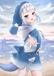 Rule 34 | 1girl, akiseiyokito 214, beach, blue eyes, blue hair, blue hoodie, fins, fish tail, gawr gura, hololive, hololive english, hood, hoodie, looking at viewer, looking back, multicolored hair, open mouth, shark girl, shark tail, sharp teeth, silver hair, smile, solo, tail, teeth, virtual youtuber, water