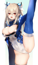 Rule 34 | 1girl, absurdres, arm up, protagonist (pso2), blonde hair, blue background, blue thighhighs, blush, breasts, cleavage, commentary, commission, covered navel, hair between eyes, hair ornament, highleg, highleg leotard, highres, holding leg, large breasts, leg hold, leg lift, leg up, leotard, long hair, long sleeves, looking at viewer, numako (pizza kanon), open mouth, outside border, phantasy star, phantasy star online 2, pillarboxed, pointy ears, red eyes, shrug (clothing), sidelocks, skeb commission, skindentation, smile, solo, split, standing, standing on one leg, standing split, tamafurin, teeth, thighhighs, two-tone leotard, two side up, upper teeth only, valgiris, white leotard