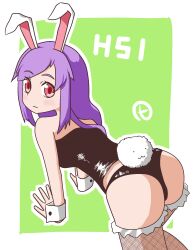 Rule 34 | 1girl, all fours, alternate costume, animal ears, ass, black panties, black shirt, border, breasts, character name, closed mouth, commentary, cookie (touhou), fake hisui (cookie), fishnet thighhighs, fishnets, green background, highres, hisui (cookie), leather panties, leather shirt, light smile, long hair, looking at viewer, looking back, medium breasts, outline, outside border, panties, purple hair, rabbit ears, rabbit tail, red eyes, reisen udongein inaba, shirt, signature, solo, strapless, strapless shirt, tail, tamahi, thighhighs, touhou, underwear, white border, white outline, wrist cuffs