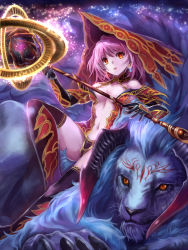 Rule 34 | 1girl, armor, breasts, claws, cleavage, earrings, edobox, elbow gloves, fur, gloves, hat, holding, horns, jewelry, lion, monster, navel, orange eyes, original, pale skin, parted lips, pink hair, red eyes, sitting, sitting on person, witch, staff, thighhighs, witch, witch hat