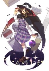 Rule 34 | 1girl, bad id, bad twitter id, bow, brown eyes, brown hair, cape, glasses, hat, hat bow, hat ribbon, hichiko, long sleeves, low twintails, open mouth, plaid, red-framed eyewear, ribbon, school uniform, shirt, short hair, sign, skirt, skull, smile, solo, touhou, twintails, usami sumireko