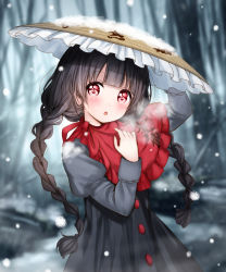 Rule 34 | 1girl, :o, ajirogasa, arm up, black hair, blurry, blurry background, blush, braid, breath, buttons, capelet, catbell, dress, frills, grey dress, hand up, hat, highres, juliet sleeves, long hair, long sleeves, looking at viewer, parted lips, puffy sleeves, red capelet, red eyes, snowing, solo, tareme, touhou, twin braids, twintails, upper body, winter, yatadera narumi