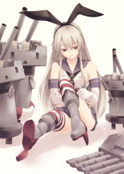 Rule 34 | 10s, 1girl, blonde hair, boots, elbow gloves, full body, gloves, grey footwear, hairband, highres, kantai collection, kirishima satoshi, long hair, personification, rensouhou-chan, revision, shimakaze (kancolle), skirt, sock pull, socks, solo, striped clothes, striped socks, striped thighhighs, thighhighs, white gloves