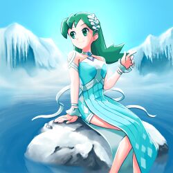 Rule 34 | 1girl, arm support, blue gemstone, choker, closed mouth, commentary, creatures (company), day, dress, eyelashes, ffccll, game freak, gem, green eyes, green hair, hand up, icicle, kris (pokemon), kris (sygna suit) (pokemon), long hair, looking back, nintendo, official alternate costume, outdoors, pokemon, pokemon masters ex, ripples, sitting, smile, solo, water, wrist cuffs