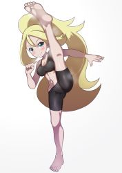 Rule 34 | 1girl, barefoot, bike shorts, blonde hair, blue eyes, blush, breasts, bright pupils, cameltoe, clenched hand, closed mouth, creatures (company), eyelashes, female focus, game freak, gluteal fold, hair between eyes, high ponytail, highres, knees, kohatsuka, korrina (pokemon), large breasts, leg up, long hair, looking at viewer, midriff, navel, nintendo, pokemon, pokemon (anime), pokemon xy (anime), sidelocks, soles, solo, split, sports bra, spread legs, standing, standing on one leg, standing split, thighs, toenails, toes, two side up, very long hair, white background, white pupils