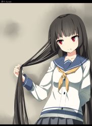 Rule 34 | 10s, 1girl, arms behind back, black hair, blush, buttons, commentary request, heavens thunder (byakuya-part2), highres, isokaze (kancolle), kantai collection, letterboxed, long hair, long sleeves, looking to the side, neckerchief, no gloves, pleated skirt, red eyes, school uniform, serafuku, skirt, solo, twitter username, yellow neckerchief
