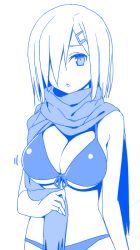 Rule 34 | 10s, 1girl, bikini, blue theme, breasts, cleavage, front-tie bikini top, front-tie top, hair ornament, hair over one eye, hairclip, hamakaze (kancolle), himura kiseki, kantai collection, large breasts, monochrome, scarf, short hair, simple background, solo, standing, string bikini, swimsuit, upper body, white background