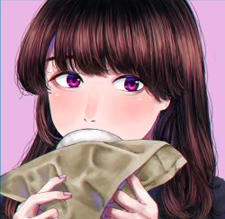 Rule 34 | 1girl, absurdres, baozi, blush, brown hair, covering own mouth, food, hands up, highres, long hair, looking at viewer, original, pink background, portrait, purple eyes, purple nails, shadow, shinkoku, simple background, solo