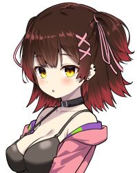 Rule 34 | 1girl, black choker, blush, breasts, brown hair, choker, cleavage, commentary, hair ornament, hair ribbon, hololive, ishida aya, jacket, large breasts, looking at viewer, medium hair, mixed-language commentary, parted lips, pink jacket, pink ribbon, pink tank top, ribbon, roboco-san, roboco-san (workoutwear), simple background, solo, tank top, twitter username, two side up, upper body, virtual youtuber, white background, x hair ornament, yellow eyes
