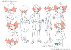 Rule 34 | 10s, 1girl, absurdres, amanda o&#039;neill, character sheet, expressions, green eyes, hand on own hip, highres, little witch academia, little witch academia 2, multiple views, open mouth, red hair, short hair, skirt, smirk, standing, sweater vest, traditional media, trigger (company), witch, yoshinari you