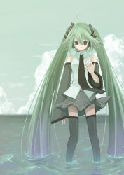 Rule 34 | bad id, bad pixiv id, cloud, day, detached sleeves, green hair, hatsune miku, headset, highres, long hair, necktie, skirt, sky, solo, tahya, thighhighs, twintails, very long hair, vocaloid, water
