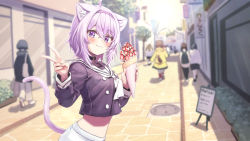 Rule 34 | 6+girls, :3, ahoge, animal ear fluff, animal ears, black choker, blush, brown hair, buttons, cat ears, cat girl, cat tail, choker, closed mouth, crepe, deadnooodles, dog ears, dog tail, double-breasted, food, fruit, hairband, highres, holding, holding food, hololive, hood, hoodie, inugami korone, inugami korone (1st costume), jacket, long sleeves, looking at viewer, manhole cover, menu, midriff, multiple girls, navel, neckerchief, nekomata okayu, nekomata okayu (casual), purple eyes, purple hair, purple hairband, road, sailor collar, school uniform, shoes, short hair, skirt, smile, sneakers, solo focus, strawberry, street, sunlight, tail, v, virtual youtuber, walking away, white neckerchief, white sailor collar, white skirt, yellow jacket