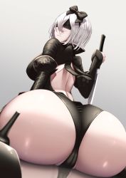 Rule 34 | 1girl, ass, ass focus, back cutout, black bow, black footwear, black panties, black sleeves, blue eyes, bow, cleft of venus, clothing cutout, detached sleeves, high heels, highres, holding, holding sword, holding weapon, kneeling, looking at viewer, looking back, mole, mole under mouth, nier (series), nier:automata, nier reincarnation, panties, reflection, reflective floor, shiroshisu, sword, underwear, weapon, white hair, yorha-issue blade, 2b (nier:automata)