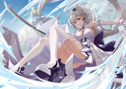 Rule 34 | absurdres, ahoge, bad id, bad pixiv id, blurry, blurry background, boots, breasts, bride, dress, earrings, grey hair, highres, holding, holding sword, holding weapon, ice, jewelry, lazgear, long hair, medium breasts, no bra, official alternate costume, ponytail, saki fuwa (tower of fantasy), sword, thigh boots, thighhighs, tower of fantasy, weapon, wedding dress, white thighhighs, yellow eyes