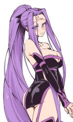 Rule 34 | 1girl, akinaie, ass, bare shoulders, blush, breasts, cleavage, cleavage cutout, clothing cutout, detached sleeves, fate/grand order, fate/stay night, fate (series), high ponytail, hip vent, huge breasts, long hair, looking at viewer, medusa (fate), medusa (rider) (fate), medusa (rider) (third ascension) (fate), ponytail, purple eyes, purple hair, simple background, solo, square pupils, thighs, very long hair, white background