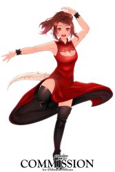 Rule 34 | 1girl, absurdres, arm up, au ra, warrior of light (ff14), boots, brown eyes, brown hair, cleavage cutout, clothing cutout, commission, dragon horns, dragon tail, dress, final fantasy, final fantasy xiv, highres, horns, looking at viewer, pixie (pixieinktvis), red dress, scales, short hair, solo, tail, thigh boots, thighhighs, white background, wrist cuffs