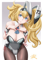 Rule 34 | 1girl, animal ears, artist name, black pantyhose, blonde hair, blue eyes, breasts, cleavage, cowboy shot, detached collar, fake animal ears, fingernails, gambier bay (kancolle), hair between eyes, highres, kantai collection, large breasts, leotard, long hair, looking at viewer, pantyhose, rabbit ears, signature, solo, t2r, twintails, wrist cuffs