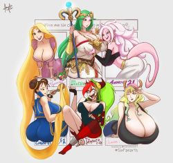 Rule 34 | 6+girls, acrylictoon, android 21, ass, asymmetrical gloves, blonde hair, blue eyes, blush, bracelet, breasts, brown eyes, brown hair, capcom, cellphone, chameleon, chun-li, cleavage, colored skin, crossover, demencia, detached sleeves, disney, double bun, dragon ball, earrings, fingerless gloves, gigantic breasts, gloves, grabbing, grabbing another&#039;s breast, green eyes, green hair, hair bun, harem outfit, hat, heart, heart-shaped pupils, highres, horns, huge breasts, jewelry, kid icarus, kobayashi-san chi no maidragon, large breasts, long hair, looking at viewer, lucoa (maidragon), majin android 21, matching hair/eyes, multicolored hair, multiple drawing challenge, multiple girls, nintendo, palutena, pascal (tangled), phone, pink skin, pointy ears, rapunzel (disney), red hair, sharp toenails, six fanarts challenge, staff, strapless, street fighter, symbol-shaped pupils, tail, tangled, toenails, tongue, tube top, two-tone hair, unzipped, very long hair, villainous, white hair, yellow eyes