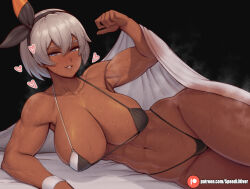 Rule 34 | 1girl, abs, absurdres, armpits, bea (pokemon), bed invitation, bed sheet, bikini, black background, black panties, breasts, collarbone, commentary, creatures (company), dark-skinned female, dark skin, english commentary, game freak, grey eyes, hand up, heart, highres, large breasts, looking at viewer, lying, muscular, muscular female, navel, nintendo, on side, panties, pokemon, pokemon swsh, short hair, simple background, solo, speedl00ver, steam, steaming body, string bikini, sweat, swimsuit, underwear, veins, veiny arms, white hair