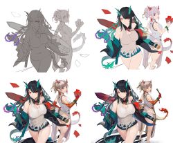 Rule 34 | 2girls, absurdres, arknights, armpit crease, bare shoulders, beads, black hair, bracelet, breasts, cleavage, cleavage cutout, clothing cutout, colored skin, detached sleeves, dragon girl, dragon horns, dragon tail, dusk (arknights), earrings, eyeshadow, flat color, folded fan, folding fan, green hair, green horns, green skin, grey hair, greyscale, hair ornament, hairpin, hand fan, high heels, highres, holding, holding fan, holding sword, holding weapon, horns, jewelry, lan xiezi, long hair, looking back, makeup, medium hair, monochrome, multicolored hair, multiple girls, nian (arknights), paper fan, parted lips, pointy ears, prayer beads, purple eyes, red eyeshadow, red hair, red neckwear, red skin, reverse grip, signature, simple background, standing, streaked hair, sword, tail, tongue, tongue out, torn, torn clothes, turtleneck, weapon, white footwear