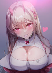 Rule 34 | 1girl, absurdres, bare shoulders, black collar, blush, breasts, cleavage, collar, earrings, goddess of victory: nikke, grin, hair intakes, heart, heart collar, highres, hirokichi shouji, horns, jacket, jewelry, large breasts, light brown hair, long hair, looking at viewer, mask, mask pull, mole, mole under eye, mouth mask, pink eyes, pink horns, pink jacket, sidelocks, single earring, smile, solo, upper body, viper (nikke), zipper, zipper pull tab