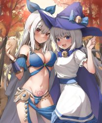Rule 34 | 2girls, :d, absurdres, bad id, bad pixiv id, bell, bikini, blue bikini, blue hairband, breasts, cape, character request, commission, dungeon and fighter, food, forest, grey cape, hairband, hat, highres, holding, holding food, jingle bell, long hair, looking at viewer, medium breasts, multiple girls, nature, open mouth, outdoors, pharamacom, pubic tattoo, purple cape, purple eyes, purple headwear, red eyes, smile, swimsuit, tattoo, tree, white hair, witch hat