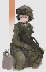 Rule 34 | 1girl, absurdres, ammunition pouch, armor, assault rifle, brown hair, can, canned food, cropped legs, goggles, goggles on head, grey eyes, gun, helmet, highres, looking away, looking to the side, military, military uniform, original, polilla, pouch, rifle, sitting, solo, uniform, weapon