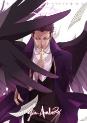 Rule 34 | 1boy, abraham gray (satsuriku no tenshi), angel wings, arm behind back, artist name, black hair, black pants, black vest, black wings, blank eyes, closed mouth, coat, cowboy shot, cross, cross necklace, dress shirt, flying paper, hair slicked back, halo, holding, holding cross, jewelry, jin amber, looking at viewer, male focus, mature male, necklace, pants, paper, purple coat, satsuriku no tenshi, shirt, short hair, simple background, smile, solo, sparkle background, straight-on, vest, white background, white shirt, wings, wrinkled skin