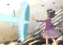 Rule 34 | 1girl, animal ears, dust cloud, energy, feet out of frame, from side, green eyes, green hair, hashiro, kasodani kyouko, long sleeves, outstretched arm, pink shirt, shirt, short hair, skirt, solo, standing, touhou, white skirt, wind, wind lift