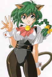 Rule 34 | 1990s (style), 1girl, animal ears, bell, bow, braid, cat ears, cat tail, gotou keiji, green eyes, green hair, hair bow, highres, hyper police, jingle bell, matching hair/eyes, official art, pantyhose, retro artstyle, sasahara natsuki, sasahara natsuki (hyper police), simple background, smile, solo, tail, white background, wrist cuffs