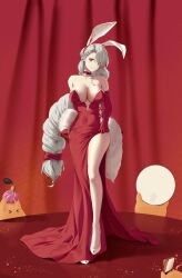 Rule 34 | &gt; &lt;, 1girl, absurdres, animal ears, azur lane, bare shoulders, breasts, cellphone, choker, cleavage, dress, elbow gloves, evening gown, fake animal ears, gloves, highres, holding, holding phone, icycore, indoors, iron blood (emblem), jewelry, large breasts, long dress, long hair, looking at viewer, manjuu (azur lane), mole, mole under eye, necklace, official alternate costume, pearl necklace, phone, prinz heinrich (azur lane), prinz heinrich (heinrich on stage) (azur lane), rabbit ears, red choker, red dress, red eyes, red gloves, shoes, side slit, smartphone, solo, strapless, strapless dress, very long hair, white footwear, white hair