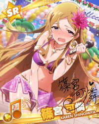 Rule 34 | 10s, 1girl, armlet, beamed quavers, bikini, blue eyes, blush, bracelet, breasts, brown hair, card (medium), character name, character signature, cleavage, covering privates, covering crotch, earrings, embarrassed, flower, flower on head, hair flower, hair ornament, idolmaster, idolmaster million live!, jewelry, lens flare, long hair, looking at viewer, lots of jewelry, microphone, musical note, navel, o-ring, o-ring top, official art, open mouth, purple bikini, shinomiya karen, shiny skin, signature, solo, stage, swimsuit, very long hair, wavy mouth