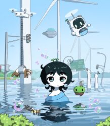 Rule 34 | 1girl, 2others, abstract, ahoge, bee, black hair, blue eyes, blue sky, blush, bubble, bug, clear sky, closed mouth, colored skin, drone, eli (chibitoad), ferret, flood, flower, flying, flying saucer, gradient background, hair flower, hair ornament, highres, horizon, in water, insect, lamppost, looking at viewer, mountainous horizon, multiple others, original, partially submerged, road sign, robot, sign, sky, soap bubbles, spacecraft, traffic light, ufo, water, white skin, wind turbine, windmill
